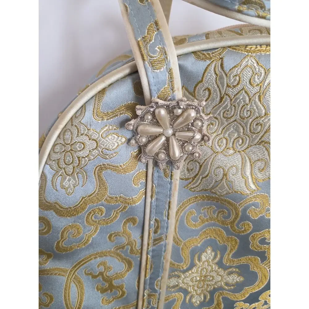 4 Piece Chinoiserie Zip Travel Cosmetic Tote Bag Set Blue Gold Satin